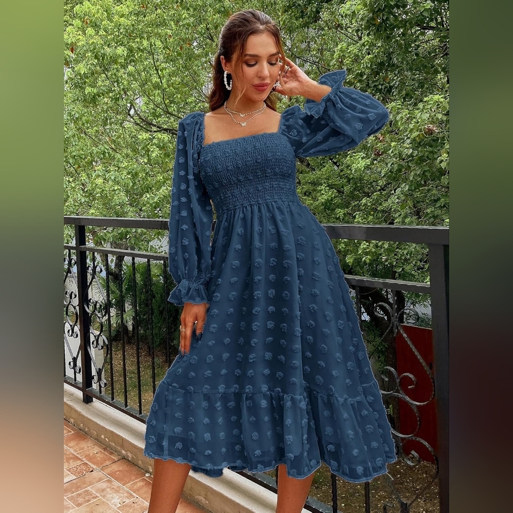 NWT Simplee Dusty Navy Smocked Square-Neck Long Sleeve Midi Dress